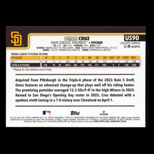 Omar Cruz RC 2025 Topps Update Rookie Padres