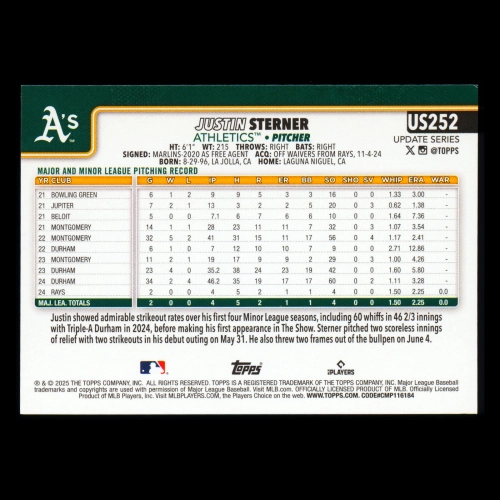 Justin Sterner RC 2025 Topps Update Rookie Athletics