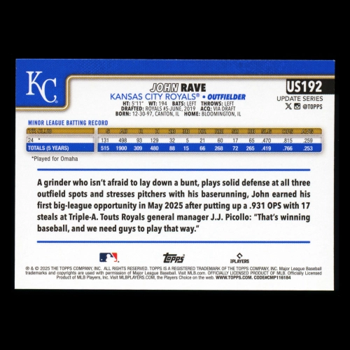 John Rave RC 2025 Topps Update Rookie Royals