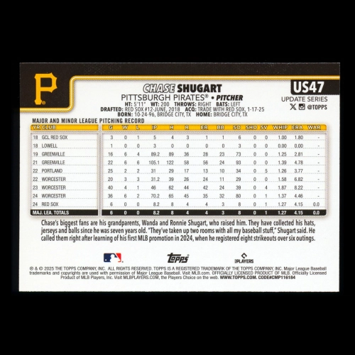 Chase Shugart RC 2025 Topps Update Rookie Pirates