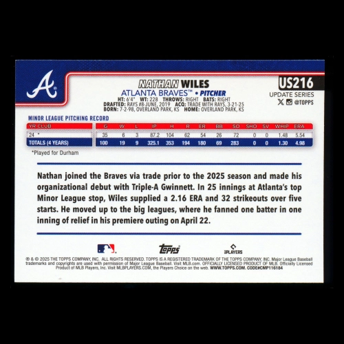 Nathan Wiles RC 2025 Topps Update Rookie Braves