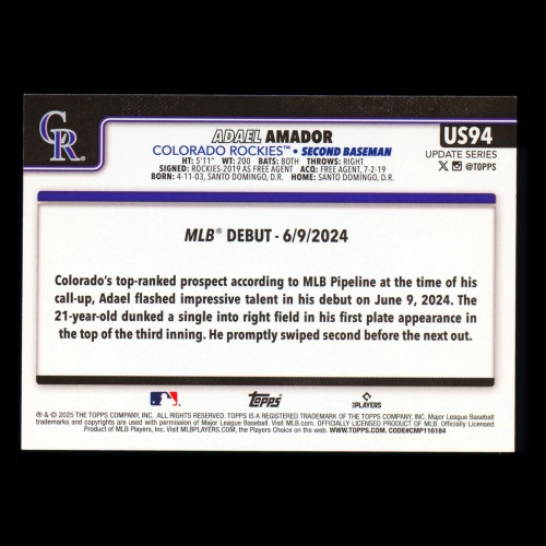 Adael Amador 2025 Topps Update Rookie Debut Rockies