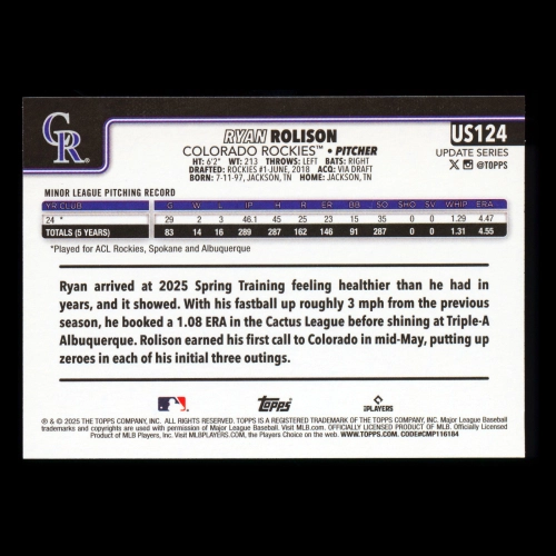 Ryan Rolison RC 2025 Topps Update Rookie Rockies
