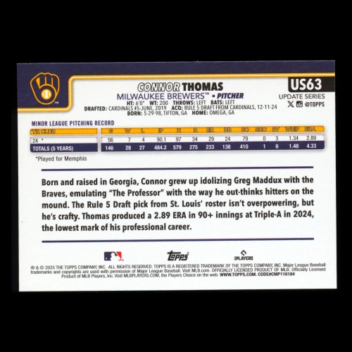Connor Thomas RC 2025 Topps Update Rookie Brewers