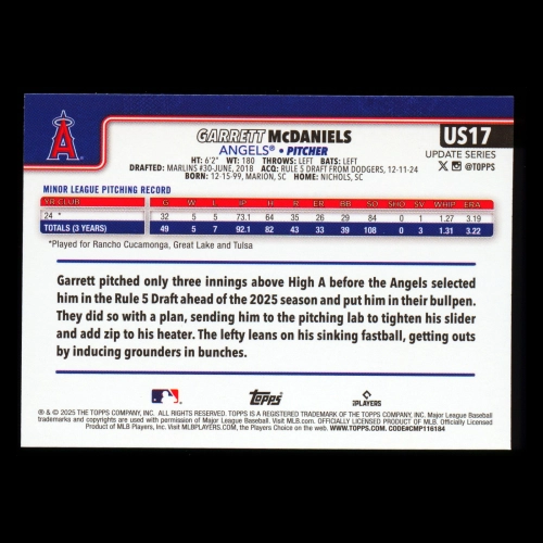 Garrett McDaniels RC 2025 Topps Update Rookie Angels