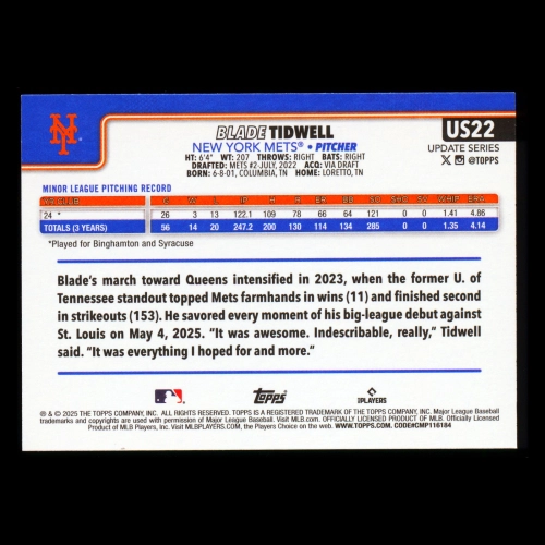 Blade Tidwell RC 2025 Topps Update Rookie Mets