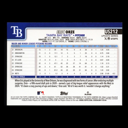 Eric Orze RC 2025 Topps Update Rookie Rays