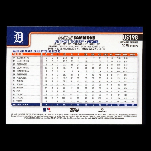 Bryan Sammons RC 2025 Topps Update Rookie Tigers