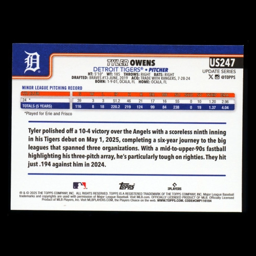 Tyler Owens RC 2025 Topps Update Rookie Tigers