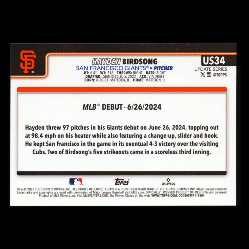 Hayden Birdsong 2025 Topps Update Rookie Debut Giants