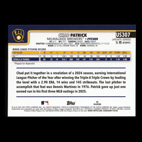 Chad Patrick RC 2025 Topps Update Rookie Brewers