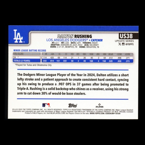 Dalton Rushing RC 2025 Topps Update Rookie Dodgers