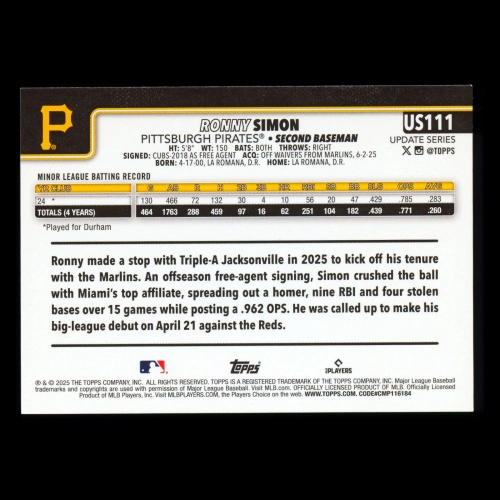 Ronny Simon RC 2025 Topps Update Rookie Pirates