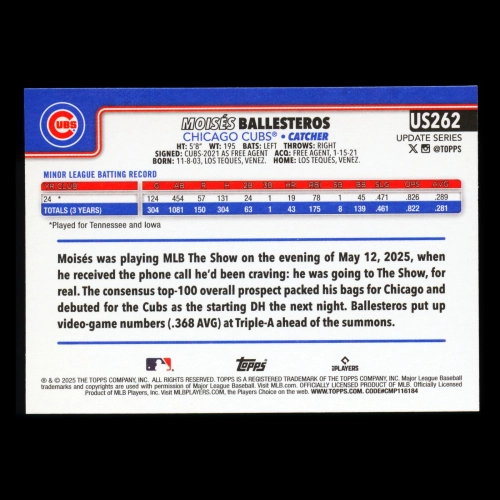 Moiss Ballesteros RC 2025 Topps Update Rookie Cubs
