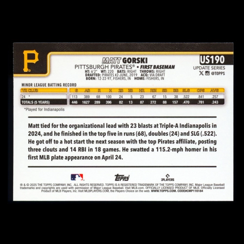 Matt Gorski RC 2025 Topps Update Rookie Pirates