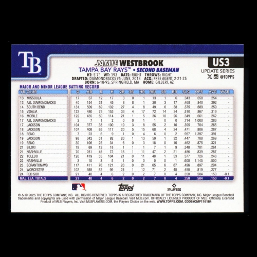 Jamie Westbrook RC 2025 Topps Update Rookie Rays