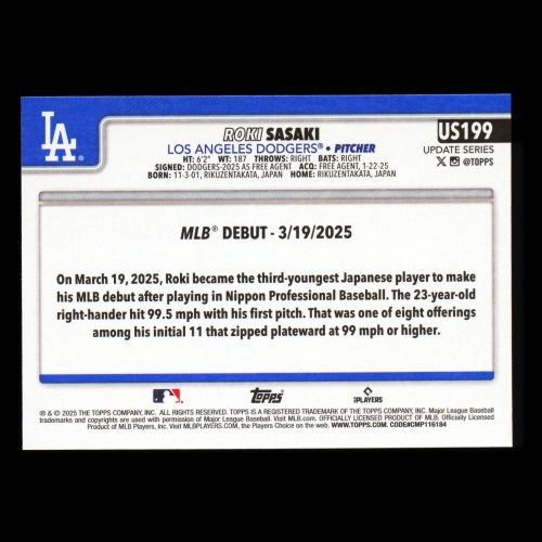 Roki Sasaki 2025 Topps Update Rookie Debut Dodgers
