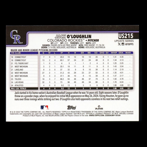 Jack OLoughlin RC 2025 Topps Update Rookie Rockies