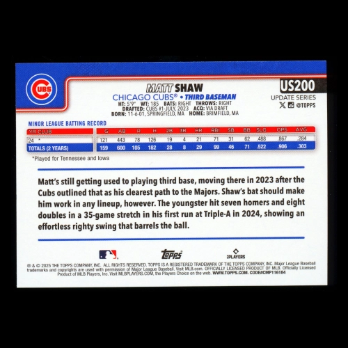 Matt Shaw RC 2025 Topps Update Rookie Cubs