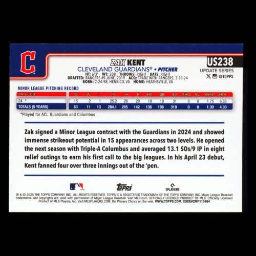 Zak Kent RC 2025 Topps Update Rookie Guardians