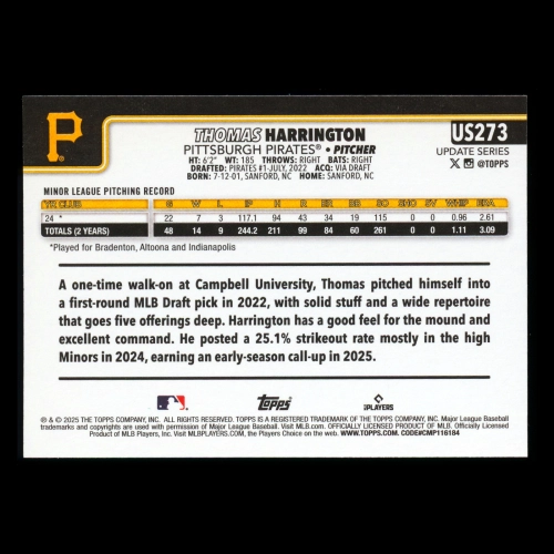 Thomas Harrington RC 2025 Topps Update Rookie Pirates