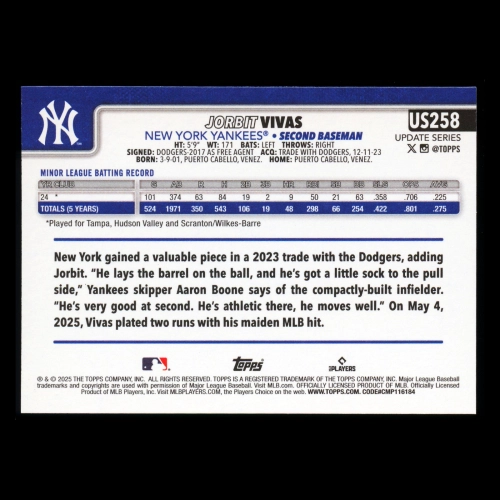 Jorbit Vivas RC 2025 Topps Update Rookie Yankees