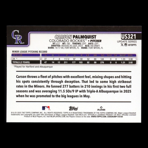 Carson Palmquist RC 2025 Topps Update Rookie Rockies