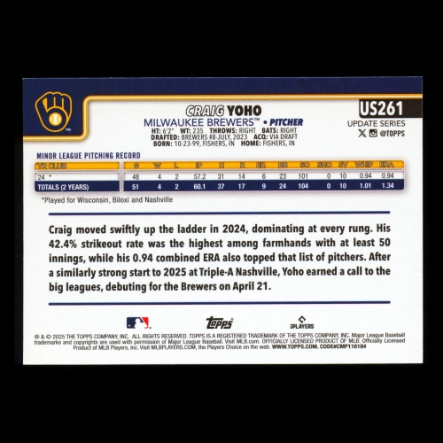 Craig Yoho RC 2025 Topps Update Rookie Brewers