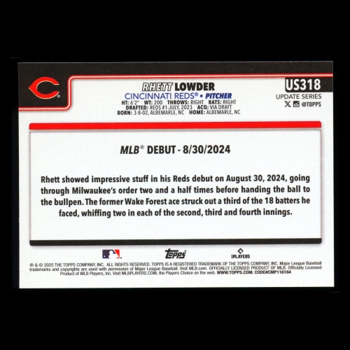 Rhett Lowder 2025 Topps Update Rookie Debut Reds