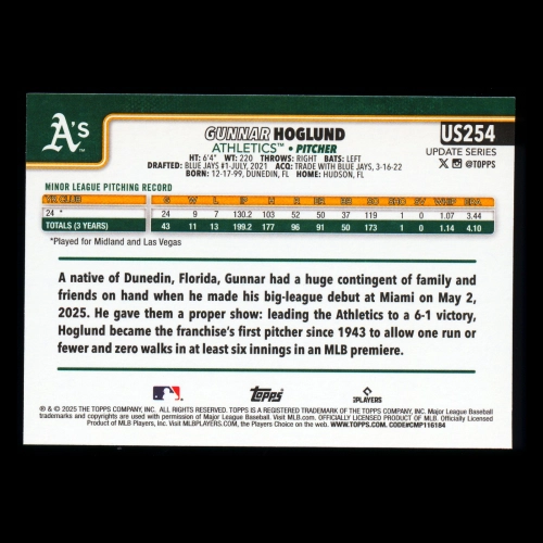 Gunnar Hoglund RC 2025 Topps Update Rookie Athletics