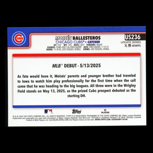 Moiss Ballesteros 2025 Topps Update Rookie Debut Cubs