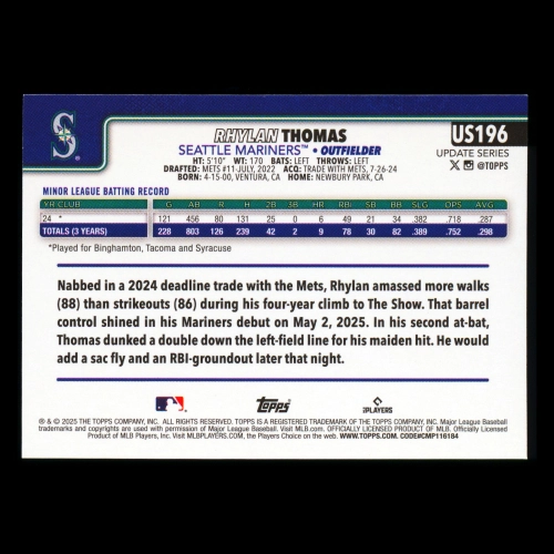 Rhylan Thomas RC 2025 Topps Update Rookie Mariners