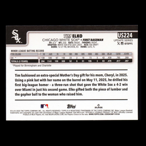 Tim Elko RC 2025 Topps Update Rookie White Sox