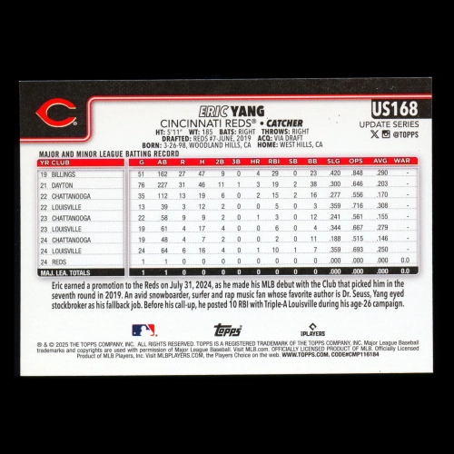Eric Yang RC 2025 Topps Update Rookie Reds