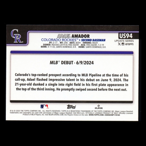 Adael Amador 2025 Topps Update Rookie Debut Rockies