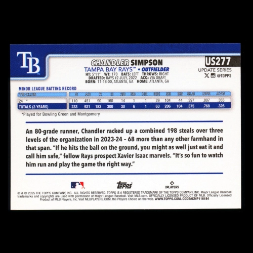 Chandler Simpson RC 2025 Topps Update Rookie Rays