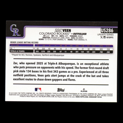 Zac Veen RC 2025 Topps Update Rookie Rockies