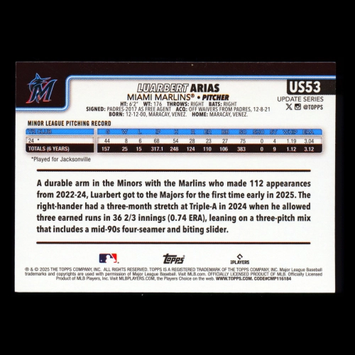 Luarbert Arias RC 2025 Topps Update Rookie Marlins