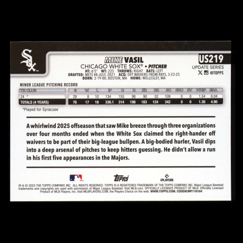Mike Vasil RC 2025 Topps Update Rookie White Sox