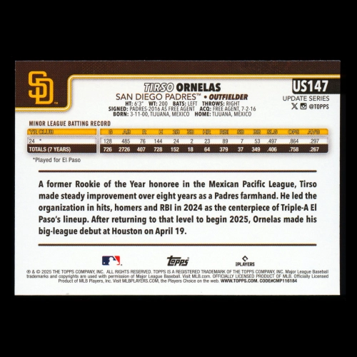 Tirso Ornelas RC 2025 Topps Update Rookie Padres