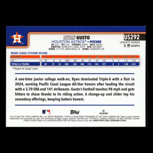 Ryan Gusto RC 2025 Topps Update Rookie Astros