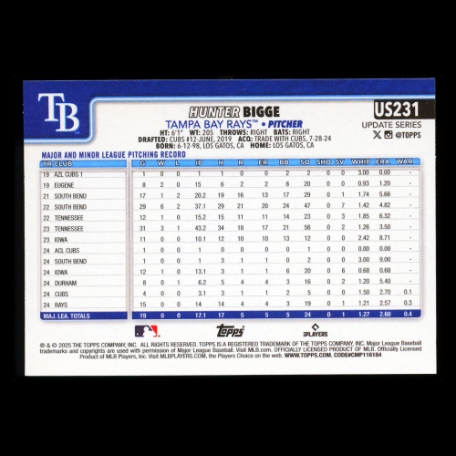 Hunter Bigge RC 2025 Topps Update Rookie Rays