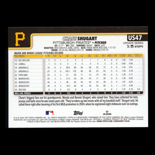 Chase Shugart RC 2025 Topps Update Rookie Pirates
