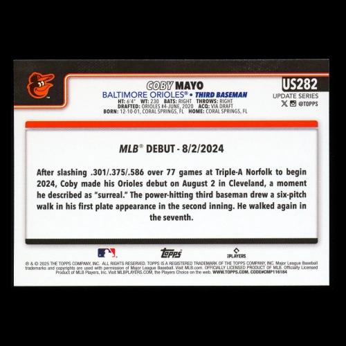 Coby Mayo 2025 Topps Update Rookie Debut Orioles