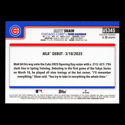 Matt Shaw 2025 Topps Update Rookie Debut Cubs