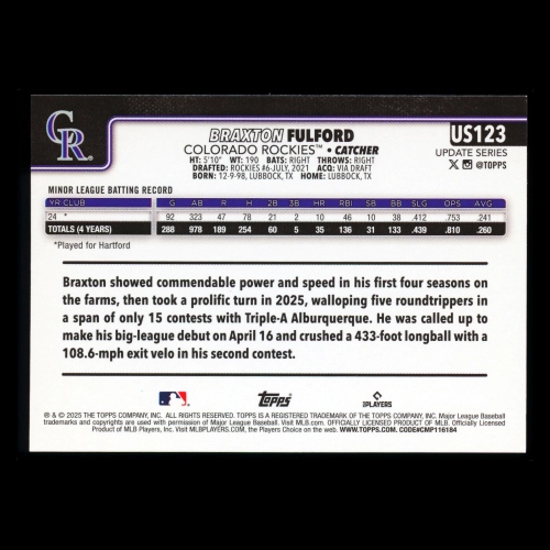 Braxton Fulford RC 2025 Topps Update Rookie Rockies