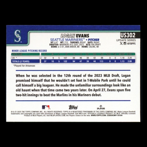 Logan Evans RC 2025 Topps Update Rookie Mariners