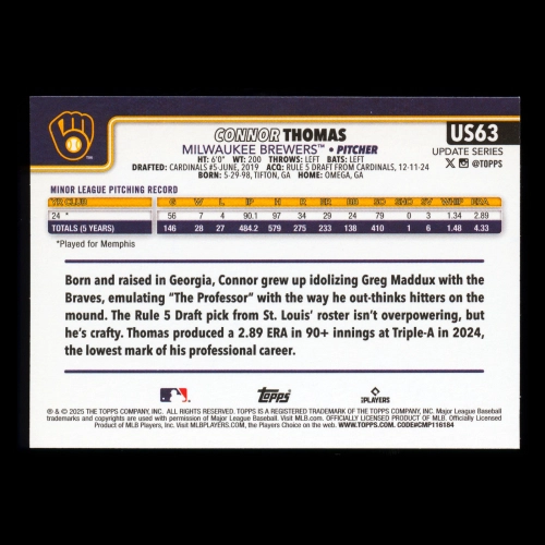 Connor Thomas RC 2025 Topps Update Rookie Brewers