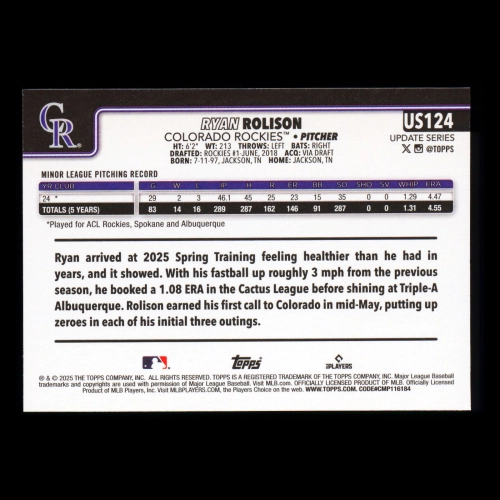 Ryan Rolison RC 2025 Topps Update Rookie Rockies