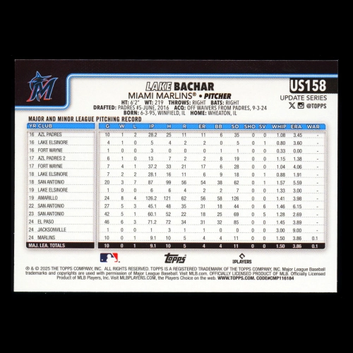 Lake Bachar RC 2025 Topps Update Rookie Marlins